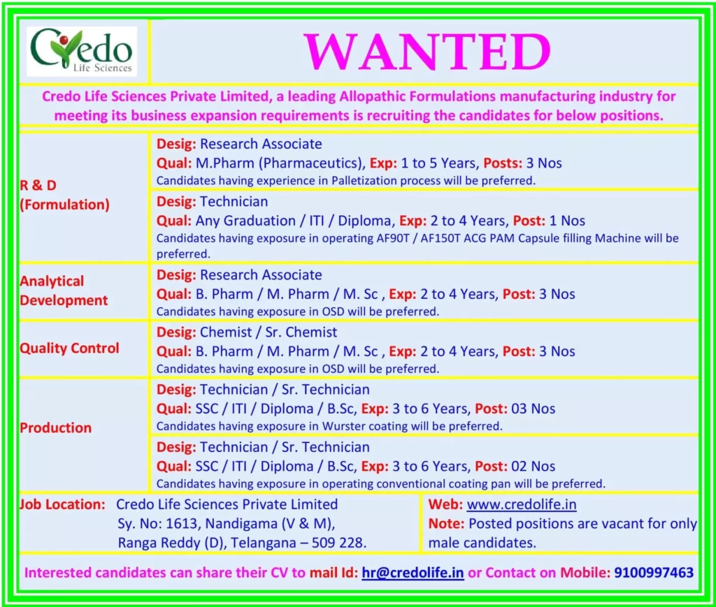 Credo Lifesciences - R&D, Analytical Development, QC, Production Vacancies