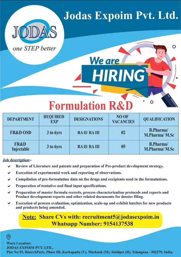 Jodas Expoim Vacancies - Formulation R&D - OSD - Injectable