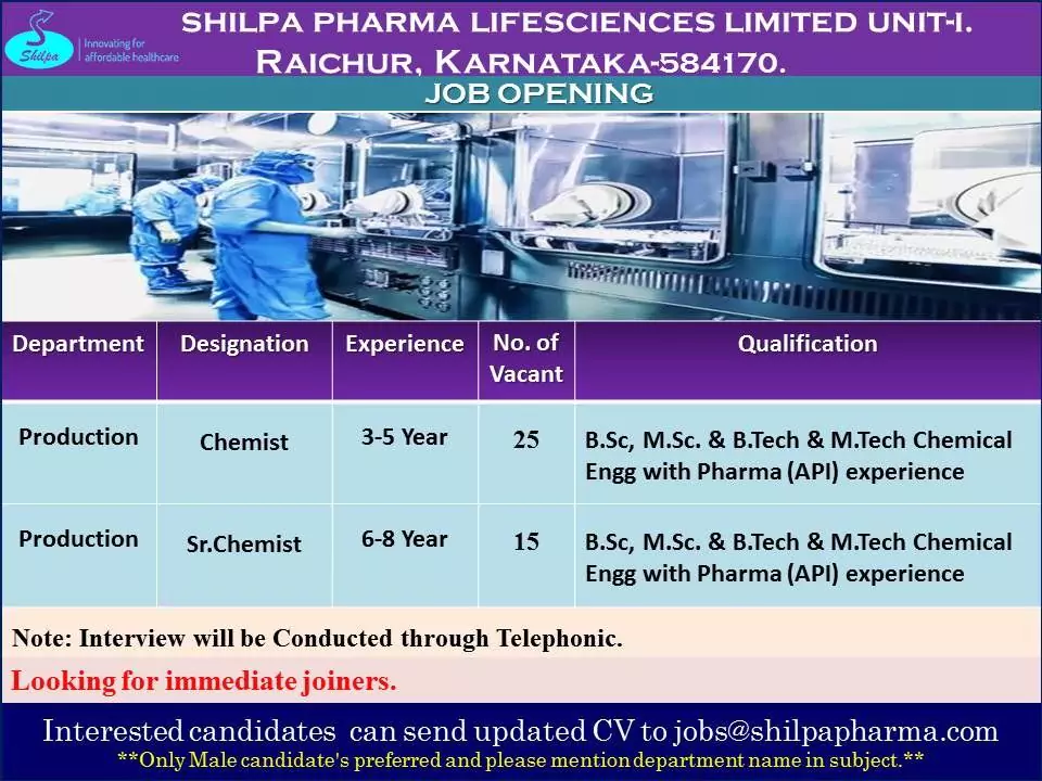 Shilpa Medicare Telephonic Interview for Production Chemist & Sr Chemists