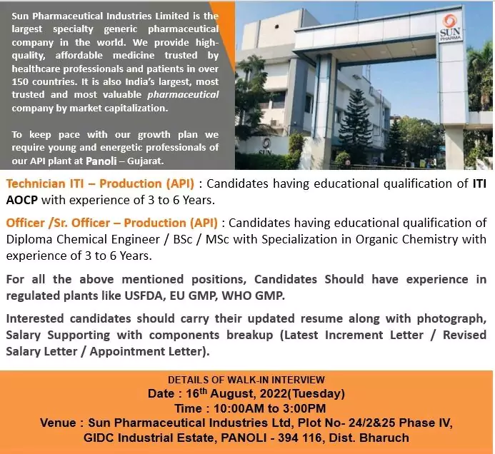 Sun Pharma Jobs - Production Technician, Officer , Sr Officers