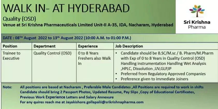 vacancies in pharmaceutical companies in hyderabad for freshers