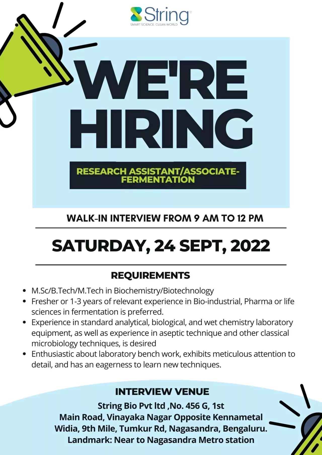 String Bio walk in Bangalore - Research assistant/ Associate Fermentation