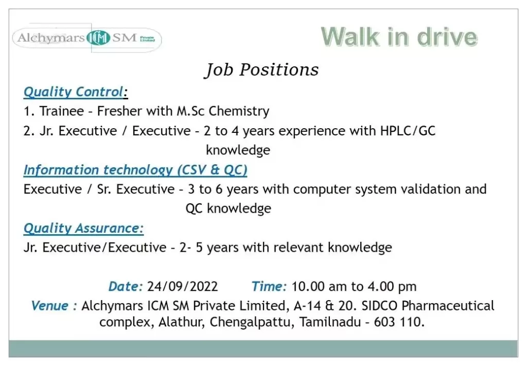 pharma qc qa csv qc job walk in interview at tamilnadu8065643589903080590