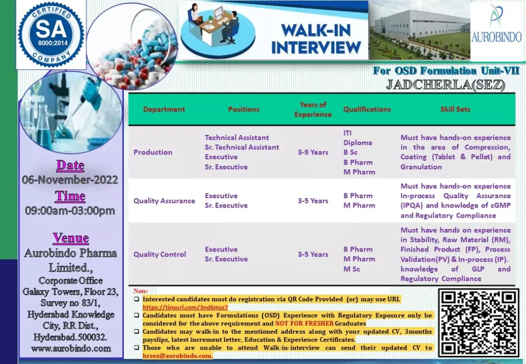 aurobindo pharma walk in production qc qa