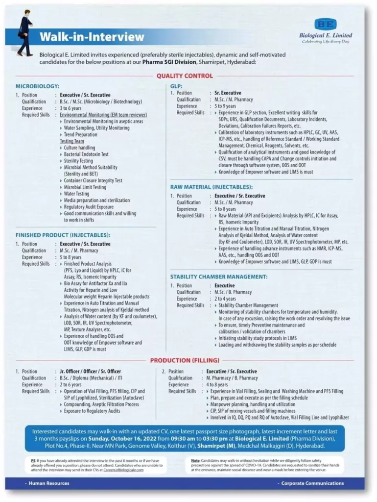 Biological E Walk in interview for Quality Control & Production Departments