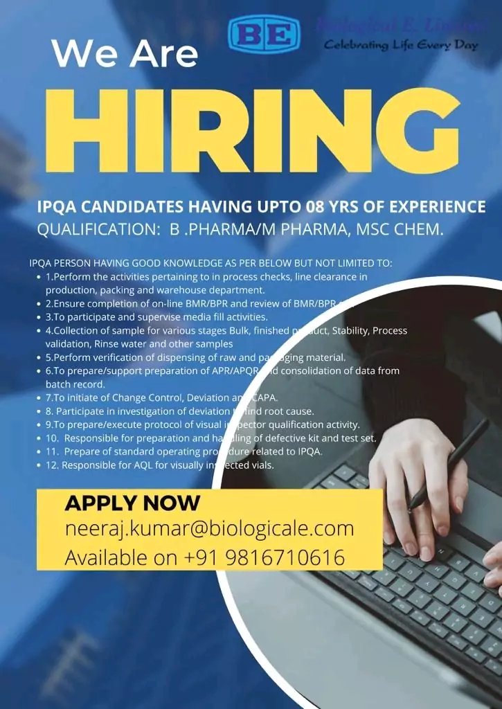 IPQA Job openings for M Pharmacy, Msc & B pharm Candidates - Biological E Ltd