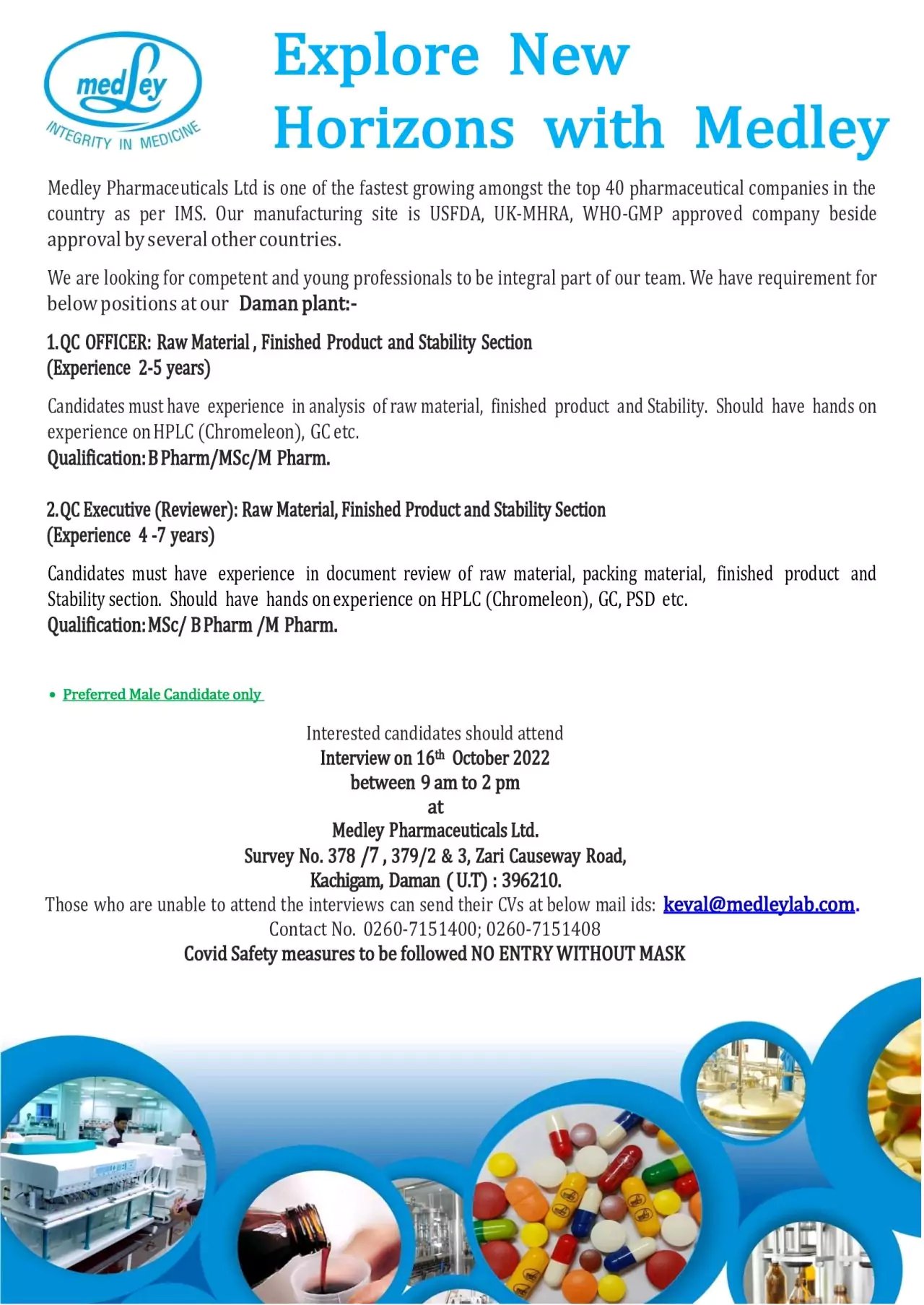 Medley Pharmaceuticals Walk in interview - QC Officer / Reveiewer