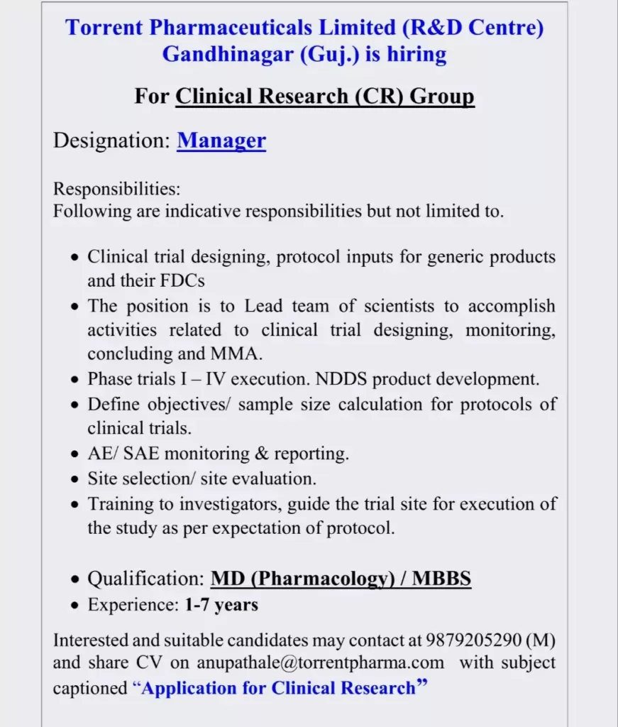 torrent pharmaceuticals hiring clinical research manager8898184430072158259