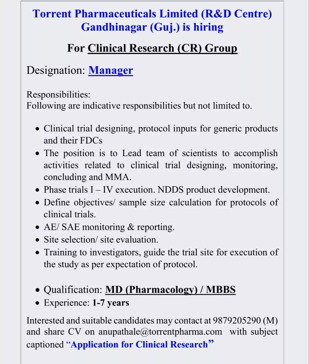 Torrent Pharmaceuticals Hiring Clinical Research Manager