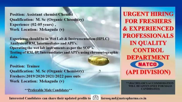 Natco pharma Quality control job vacancies in Hyderabad