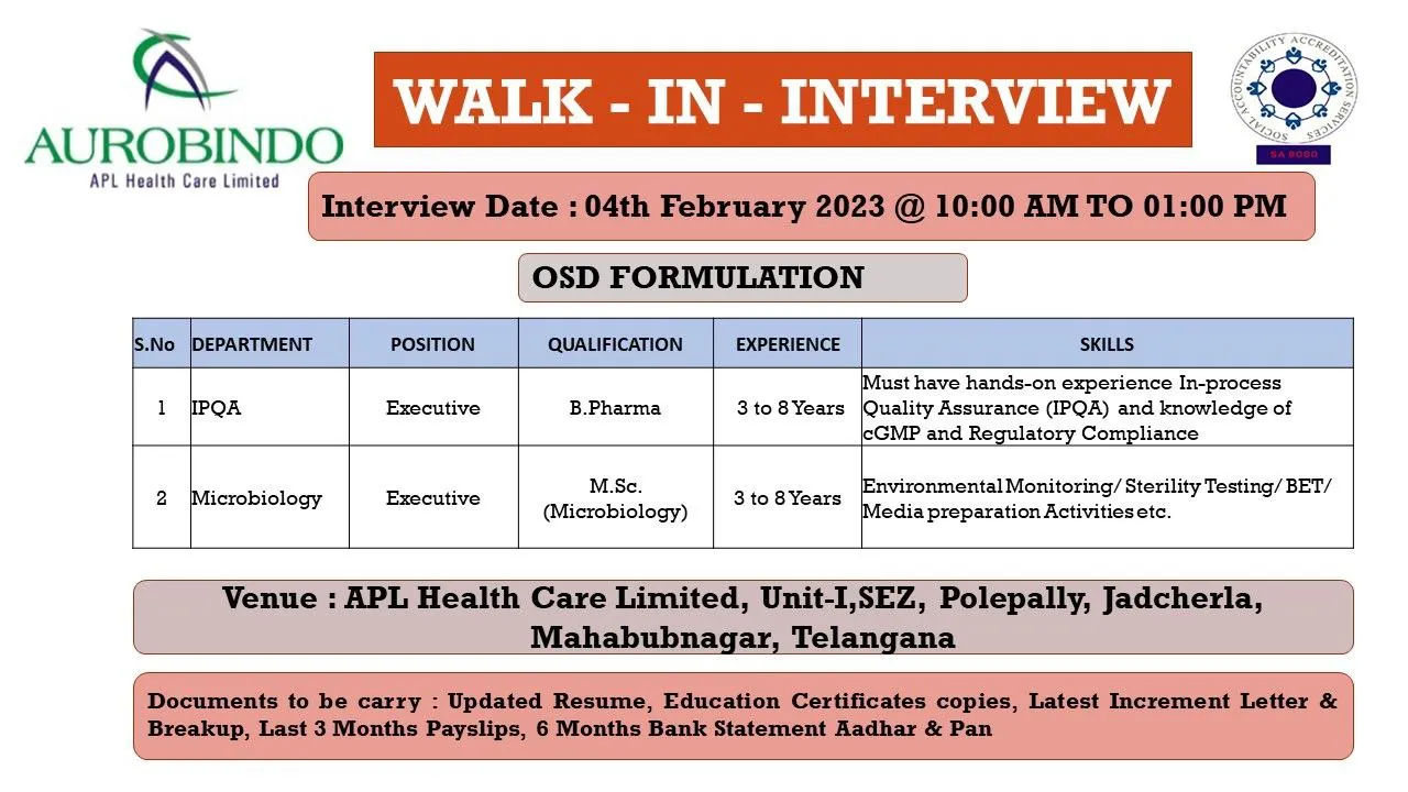 Aurobindo Pharma Walk-In for IPQA, Microbiology at hyderabad 2 APL Healthcare Limited is a healthcare company that provides medical products and services to customers in various countries. They offer a range of products including medical devices, surgical instruments, and healthcare supplies. The company is committed to providing high-quality and cost-effective healthcare solutions to customers in both the public and private sectors. They aim to improve the standard of healthcare and help to reduce the burden of disease by providing products and services that enhance health outcomes and improve quality of life. APL Healthcare is dedicated to ensuring customer satisfaction and providing excellent customer service.
