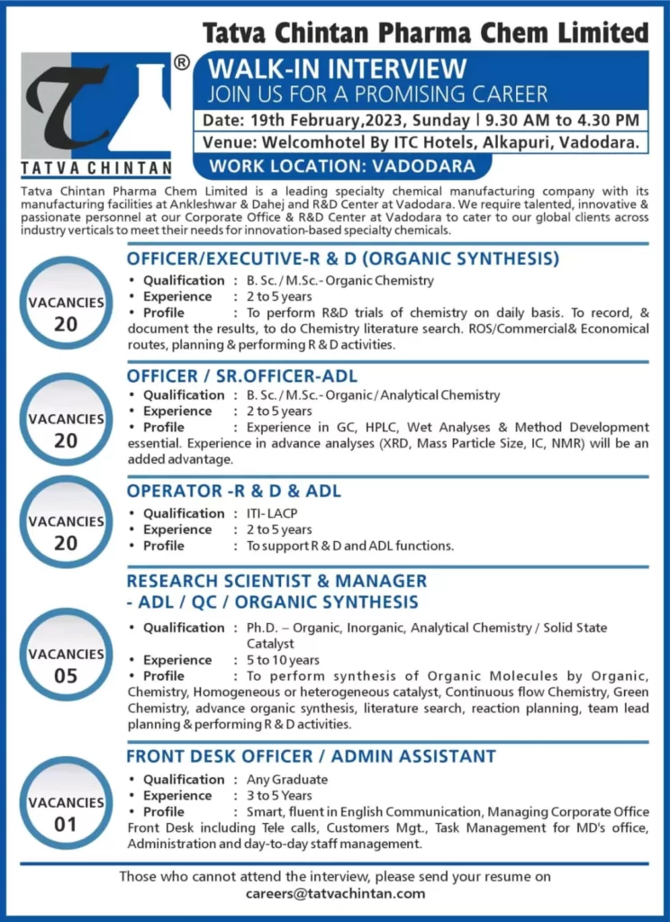 Tatva Chintan Pharma Chem walk-in interview - R&D, ADL, QC