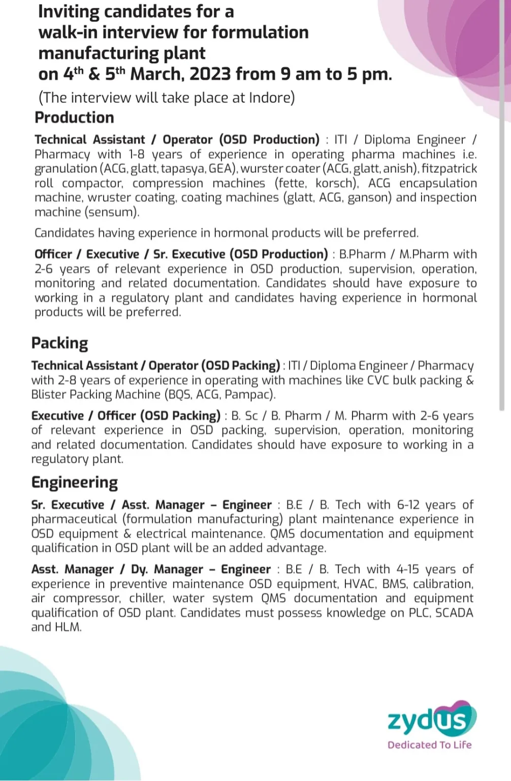 Zydus Lifesciences Walk-In Drive for QA,QC,Production,Engineering