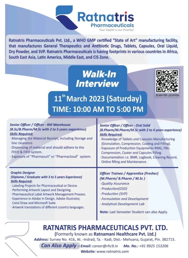 Ratnatris Pharmaceuticals Walk In Interview for Fresher & Experienced candidates