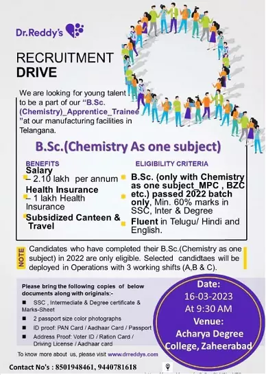Dr Reddys Laboratories Apprentice Trainee opportunities for Msc Chemistry students