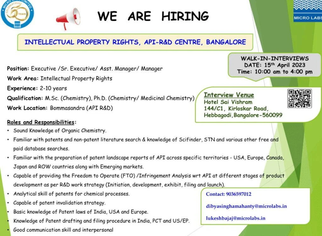 Micro Labs is Hiring for Intellectual Property Rights Positions in Bangalore 2 Micro Labs is Hiring for Intellectual Property Rights Positions in Bangalore