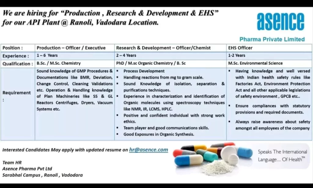 asence Pharma hiring Production, Research & Development & EHS Departments