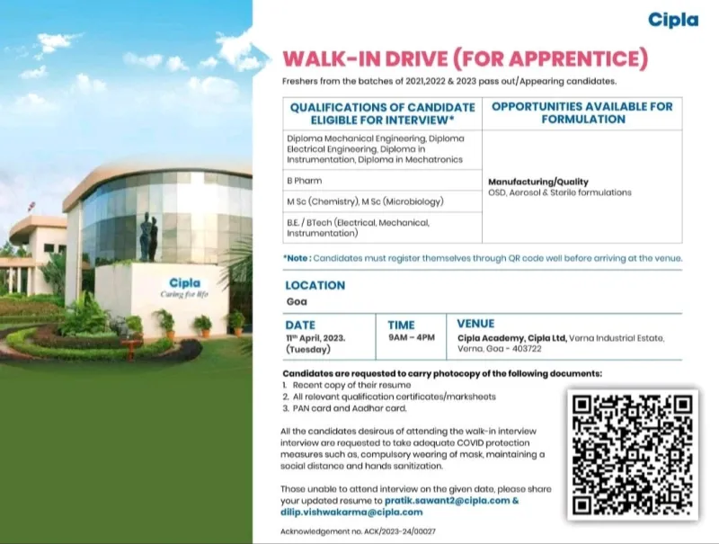 Cipla Ltd. Walk-in Drive for Apprentice: Opportunities in Formulation 3 cipla company job vacancy for freshers