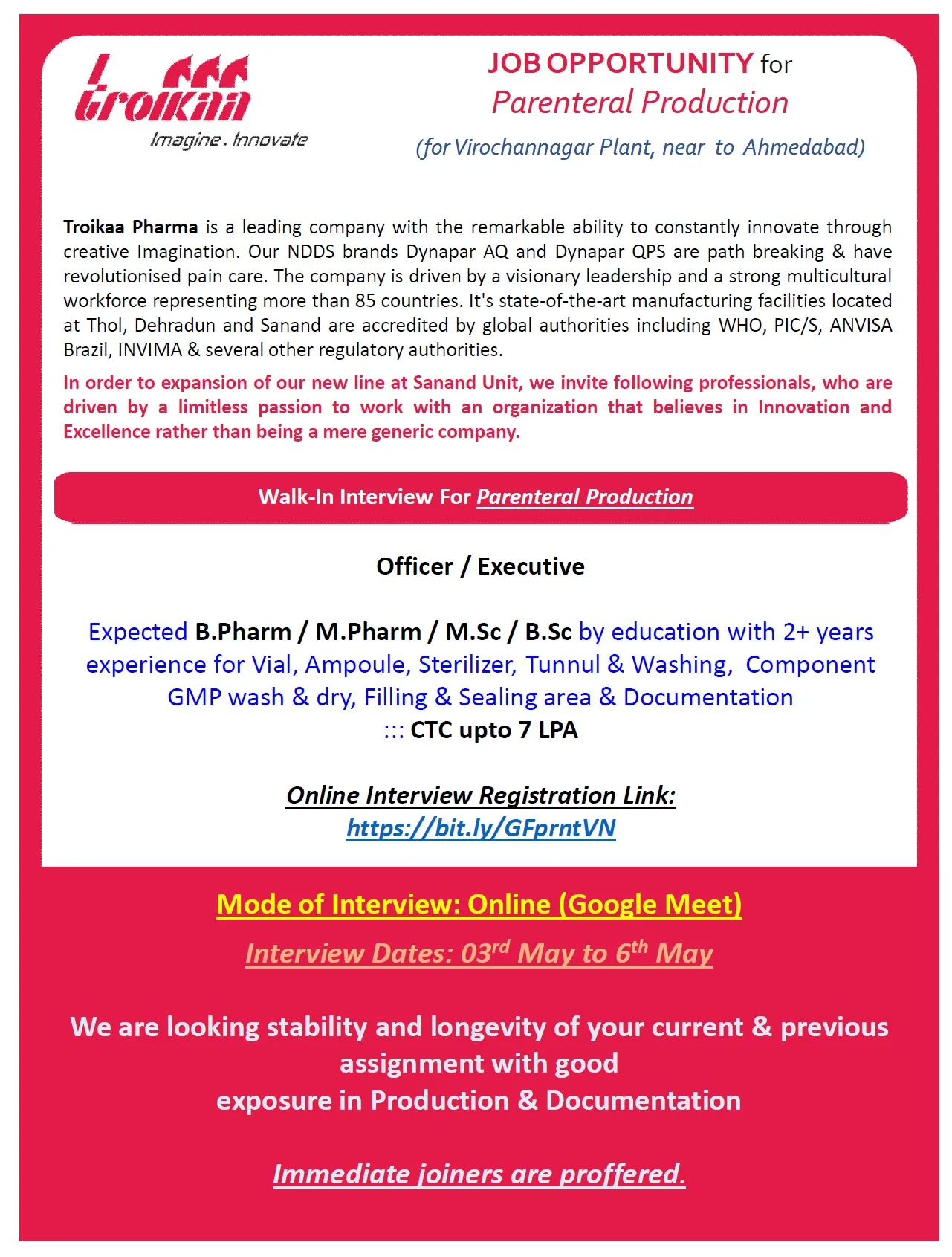 Troikaa Pharma virtual interview for Parenteral Production Officer / Executive