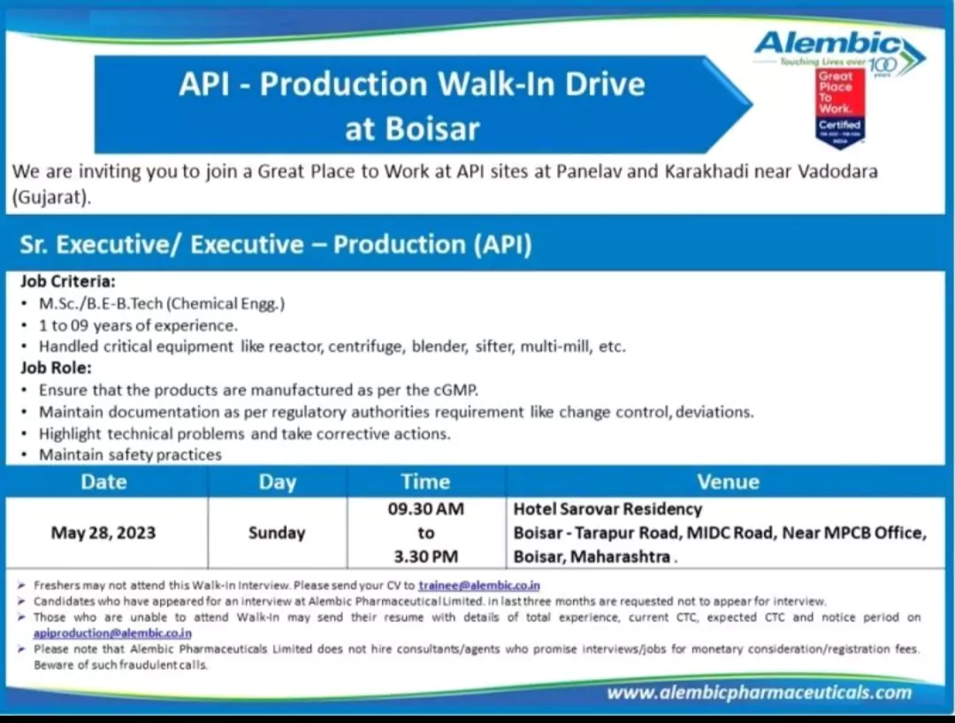 Alembic Pharmaceuticals Hiring for MSC, BE-B Tech (Chemical Engineering) candidates 2 alembic pharmaceuticals hiring