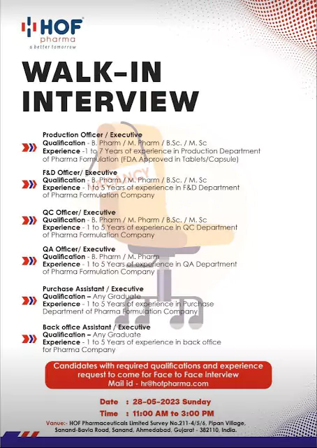 HOF Pharma Walk-in Interview: Production, F&D,QC, QA, Purchase