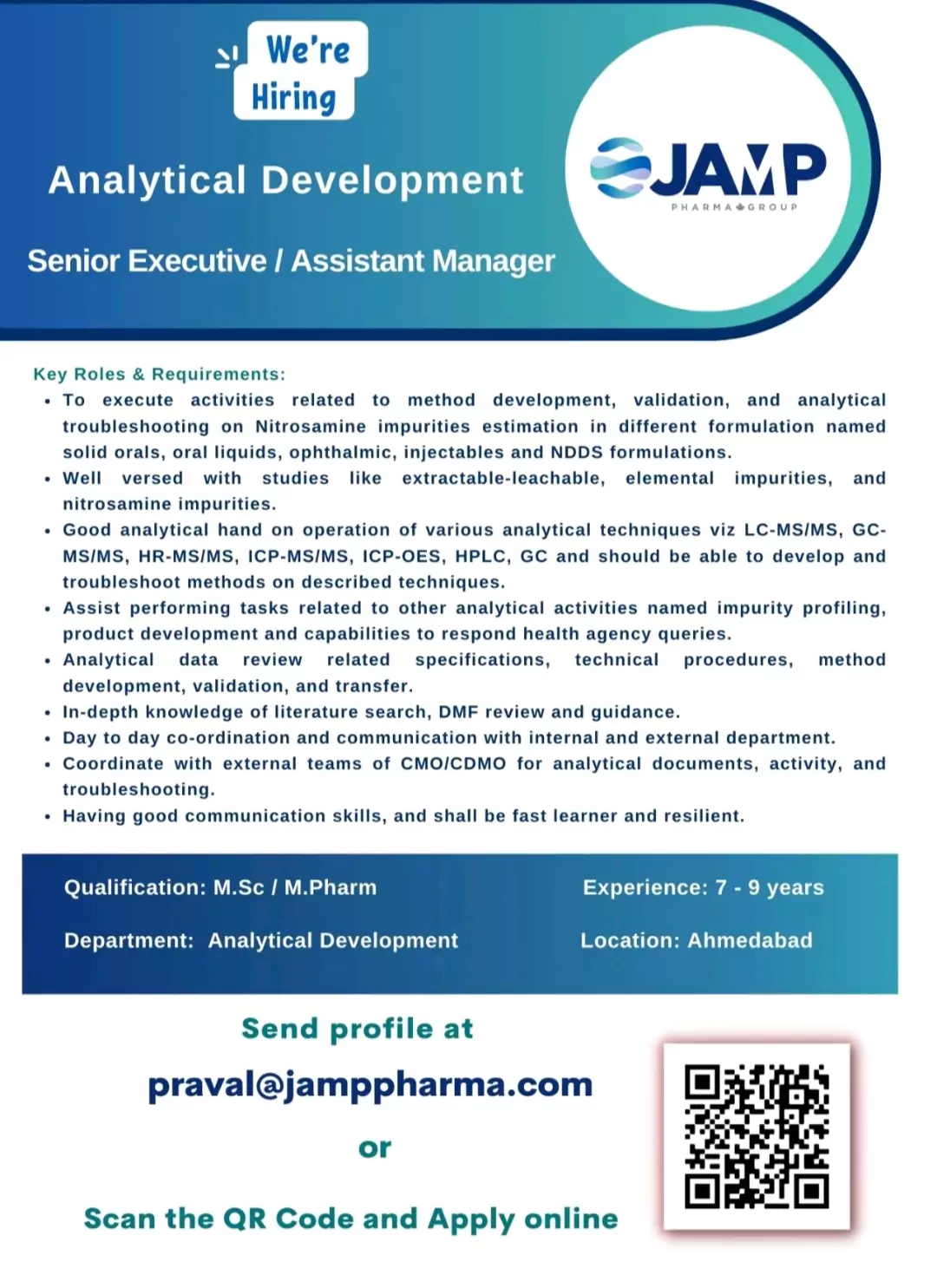 Send profile at praval@jamppharma.com