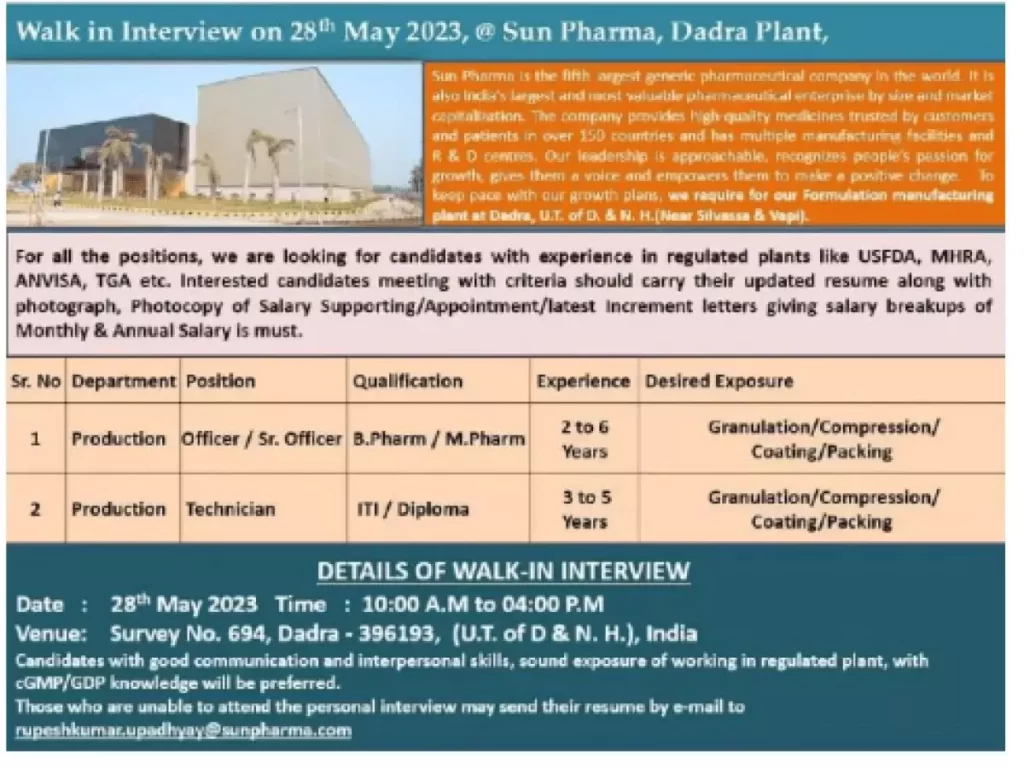 Sun Pharma Walk-in Interview: Technician/Officer/Senior Officer - Production