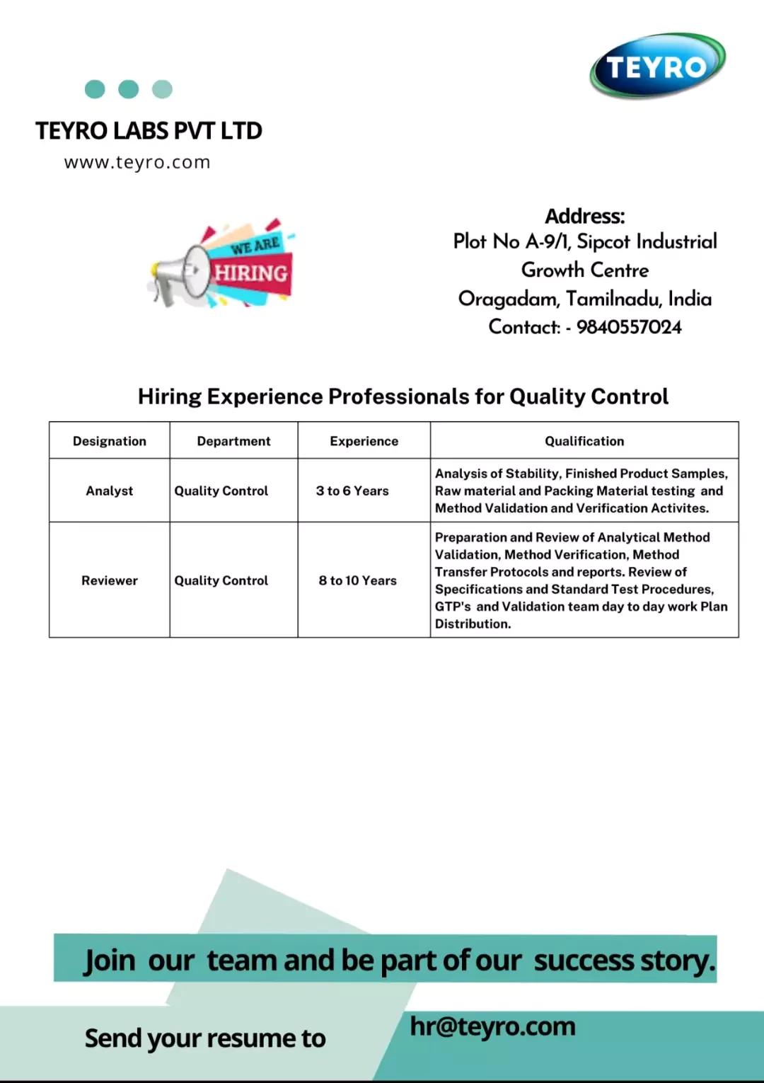 TEYRO LABS PVT LTD Hiring for Quality control Department
