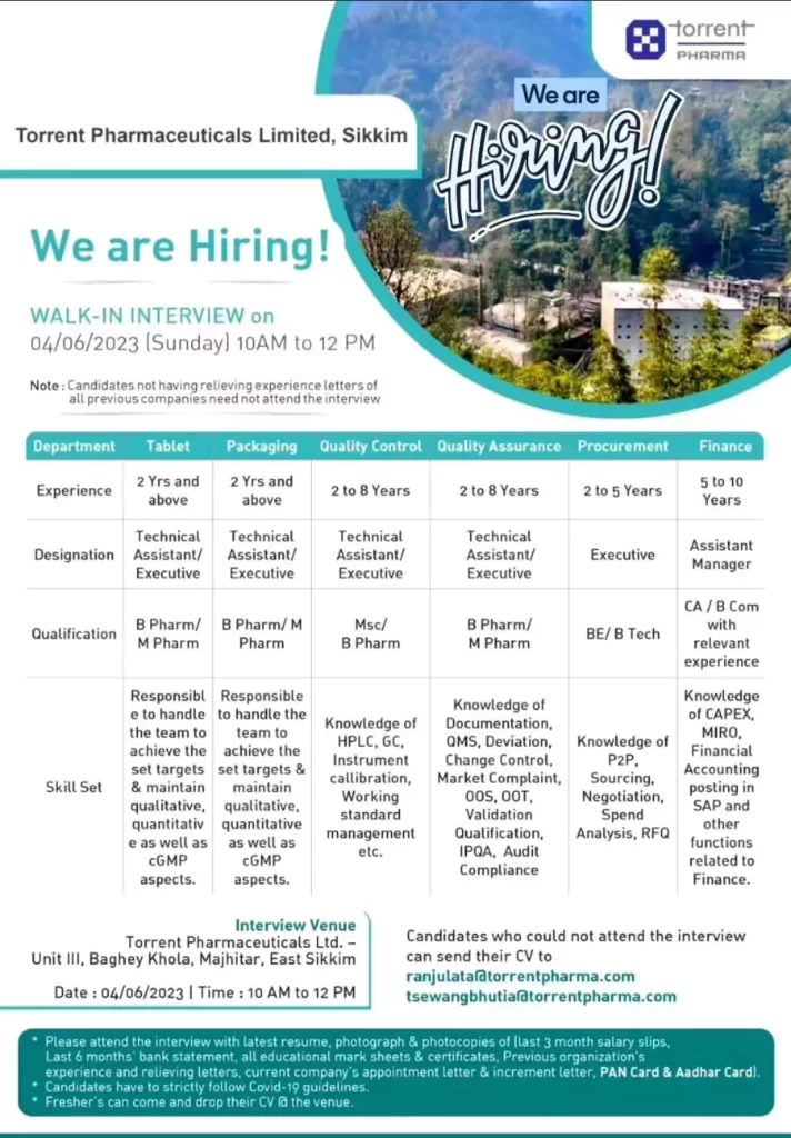Torrent Pharmaceuticals Limited walk in interview for Tablet, Quality control, Quality Assurance, packing, procurement, Finance Departments