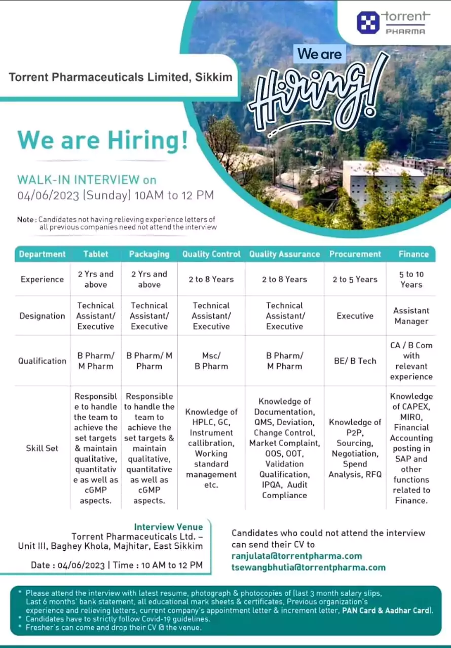 Torrent Pharmaceuticals Limited walk in interview for Tablet, Quality control, Quality Assurance, packing, procurement, Finance Departments 2 Torrent Pharmaceuticals Limited walk in interview for Tablet, Quality control, Quality Assurance, packing, procurement, Finance Departments