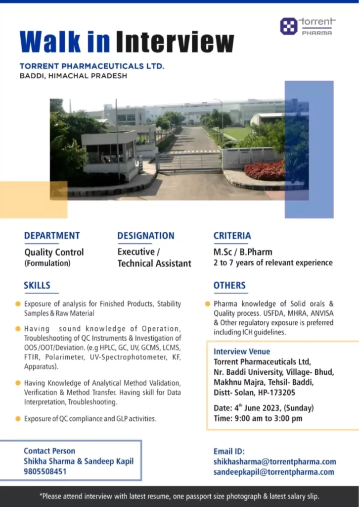 TORRENT PHARMACEUTICALS LTD walk in interview for Quality control Department; MSC,B Pharmacy candidates