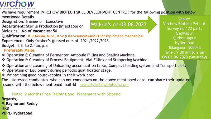 50+Virchow Biotech Fresher jobs - B.PHARMA, MSc, BSc (Life Sciences), ITI, or Diploma