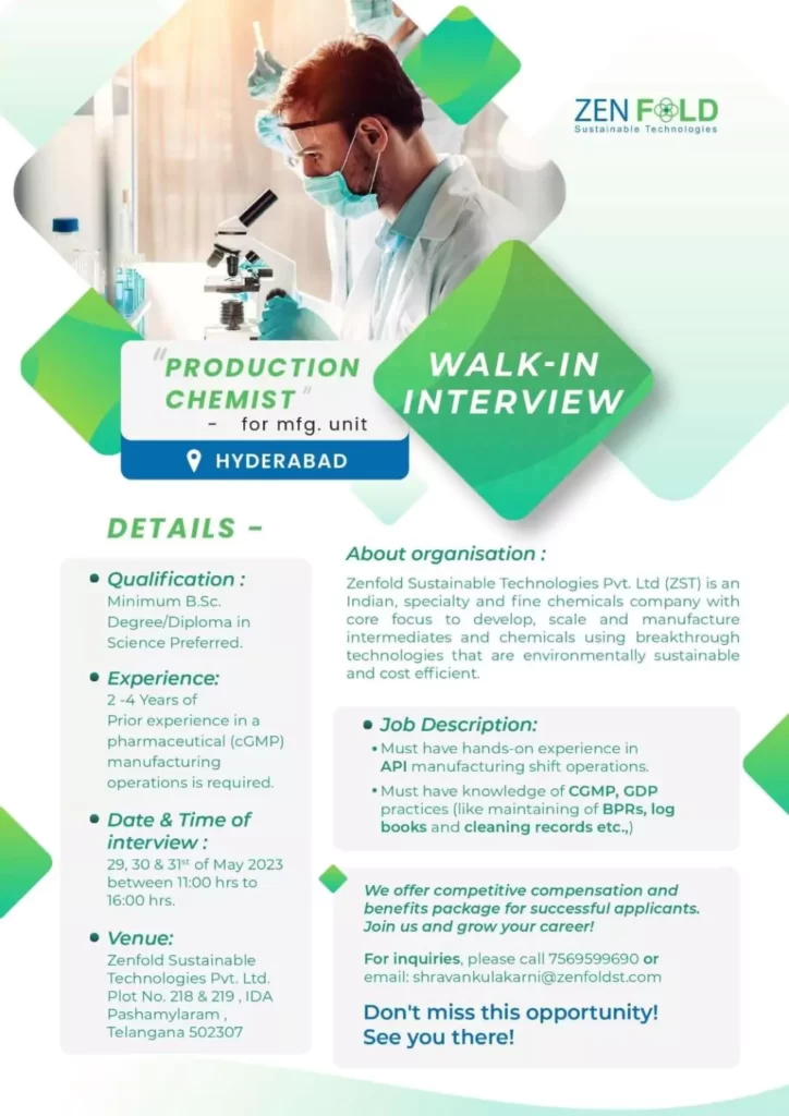 ZEN FOLD Sustainable Technologies Hiring for PRODUCTION CHEMIST position