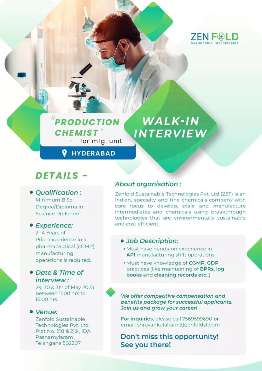 ZEN FOLD Sustainable Technologies Hiring for PRODUCTION CHEMIST position 2 ZEN FOLD Sustainable Technologies Hiring for PRODUCTION CHEMIST position