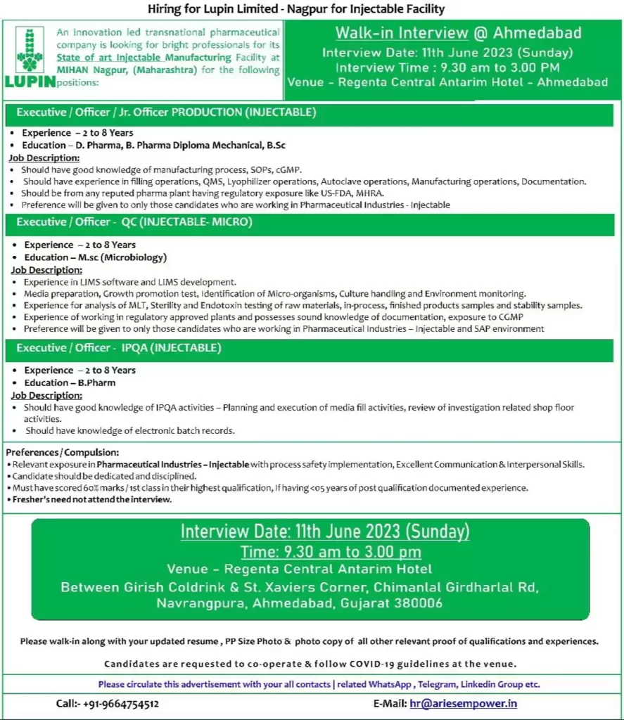 Lupin Limited Hiring for D Pharma, B Pharmacy Diploma Mechanical, BSC ,MSC (Microbiology) candidates @ Ahmedabad