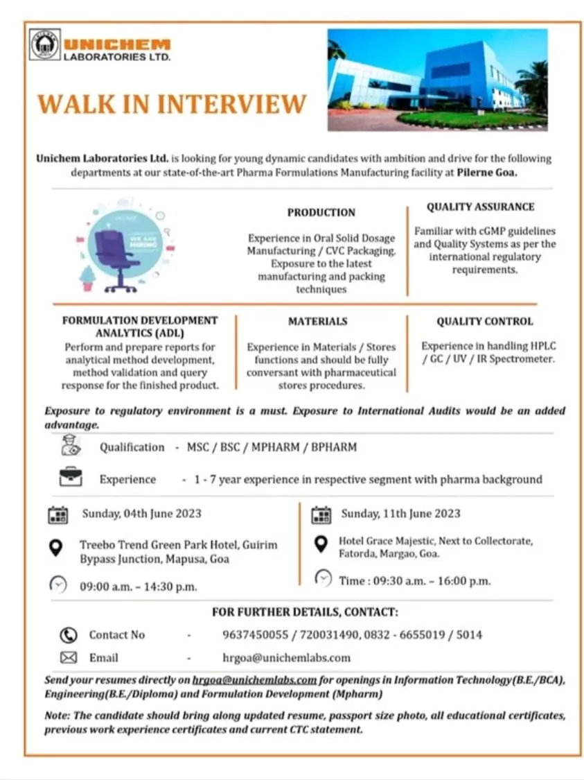 UNICHEM LABORATORIES LTD WALK IN INTERVIEW for production, Quality control, Quality Assurance, Materials,FORMULATION DEVELOPMENT ANALYTICS (ADL) Departments 2 UNICHEM LABORATORIES LTD WALK IN INTERVIEW for production, Quality control, Quality Assurance, Materials,FORMULATION DEVELOPMENT ANALYTICS (ADL) Departments