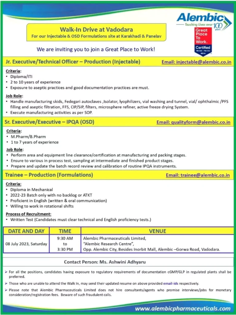 Alembic Pharmaceuticals Walk-In Interview for production, IPQA Departments