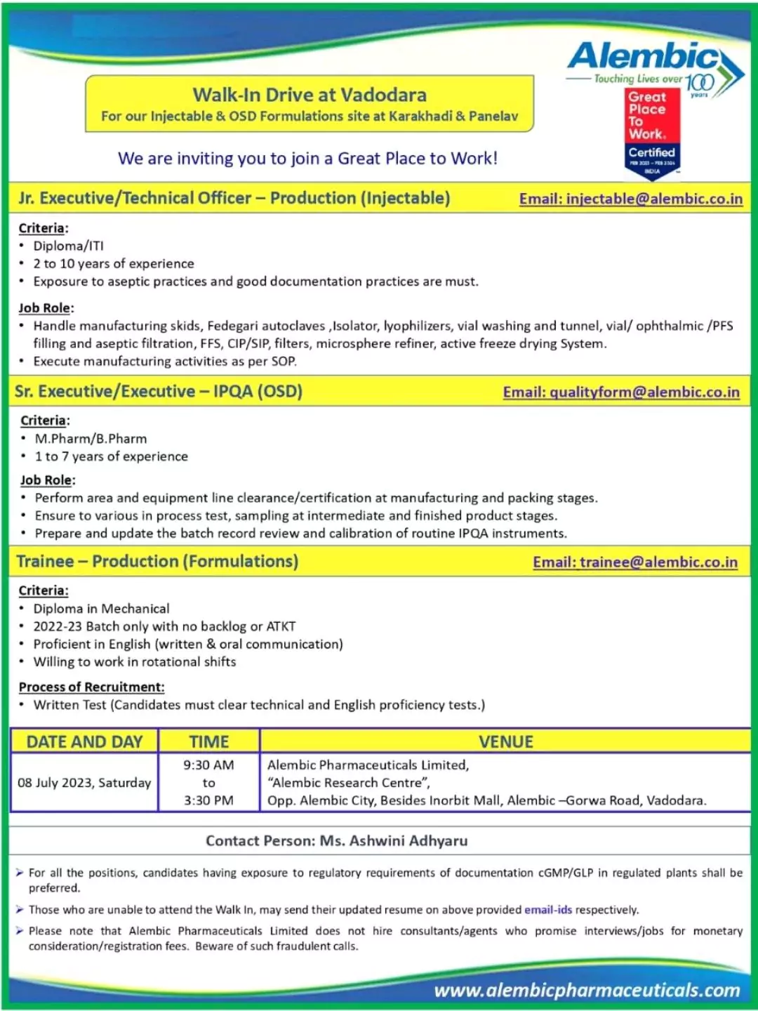 Alembic Pharmaceuticals Walk-In Interview for production, IPQA Departments