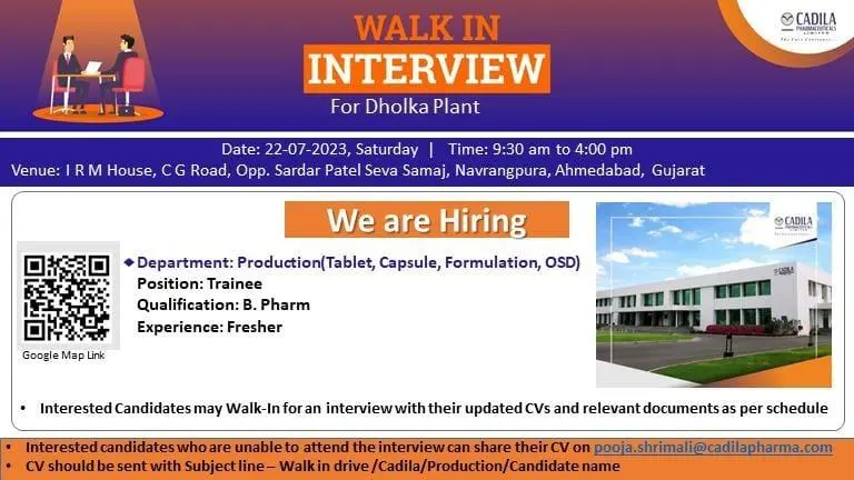 B pharmacy freshers walk in interview Ahmedabad: Cadila Pharmaceuticals