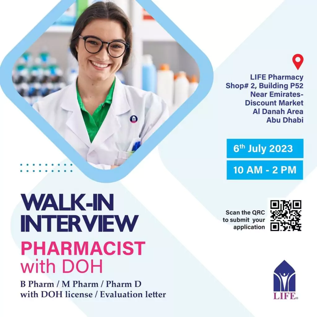 Life Pharmacy walk in interview for pharmacist Requirement;