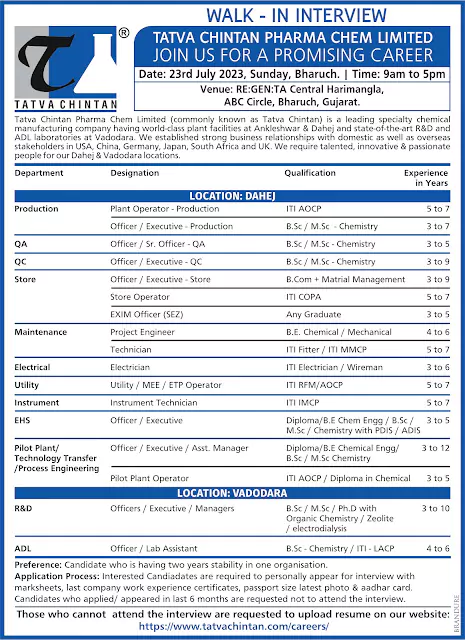 Tatva Chintan Pharma Chem Limited Walk-In Interview for multiple departments