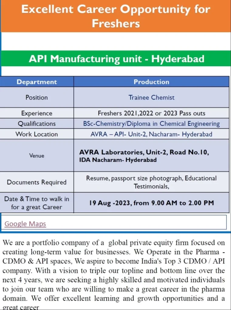 AVRA Laboratories Freshers Walk-In Interviews: Production Trainee Chemist