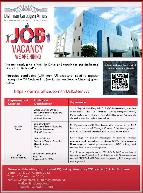 Dishman Carbogen Amcis: Walk-In Interview for API Positions at Bharuch