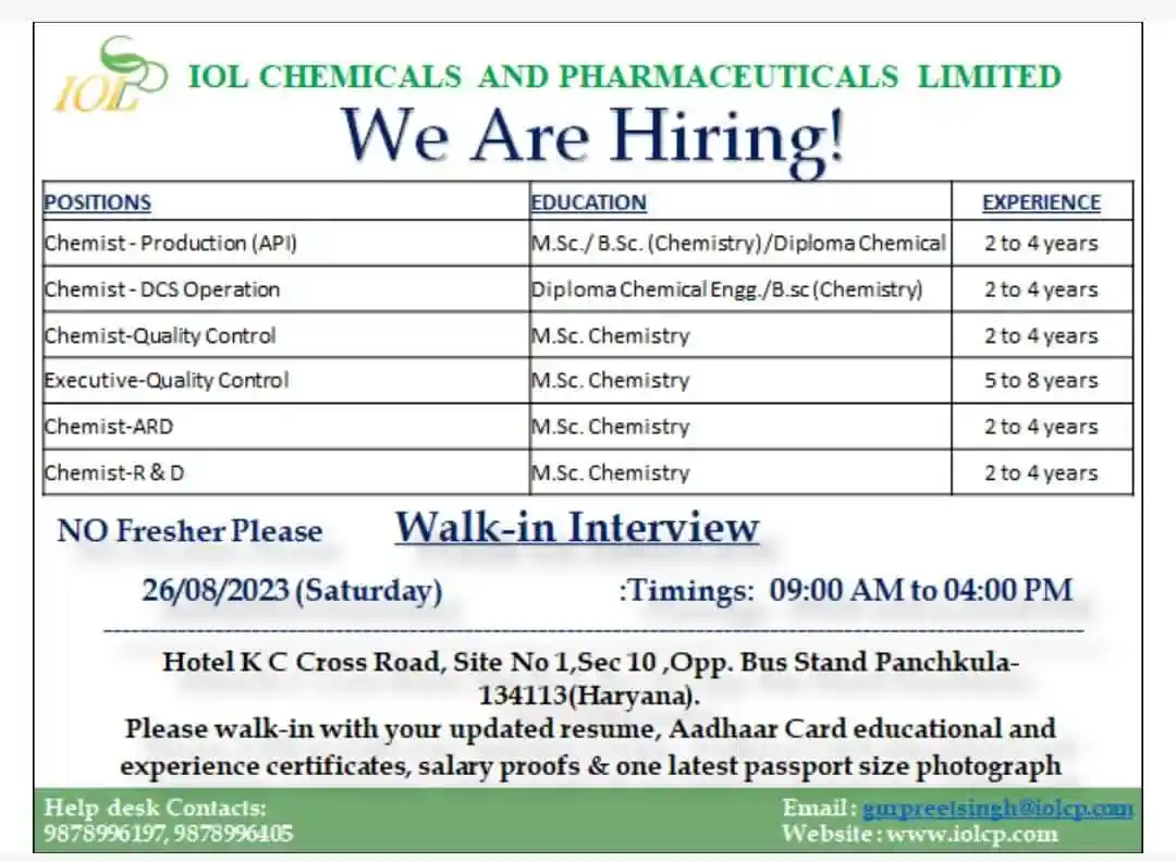 IOL Chemicals & Pharmaceuticals Limited multiple job vacancies