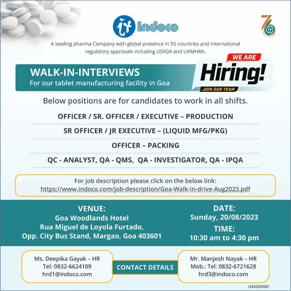 Indoco Remedies Walk-In-Interviews for multiple vacancies