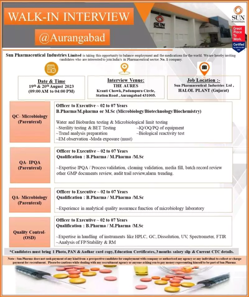 Sun Pharma Walk-In Interview Aurangabad QC, QA - Microbiology (Parenteral), QA- IPQA, Quality Control- (OSD)