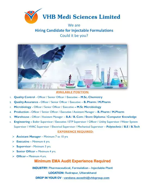 VHB Medi Sciences Multiple pharma job vacancies 