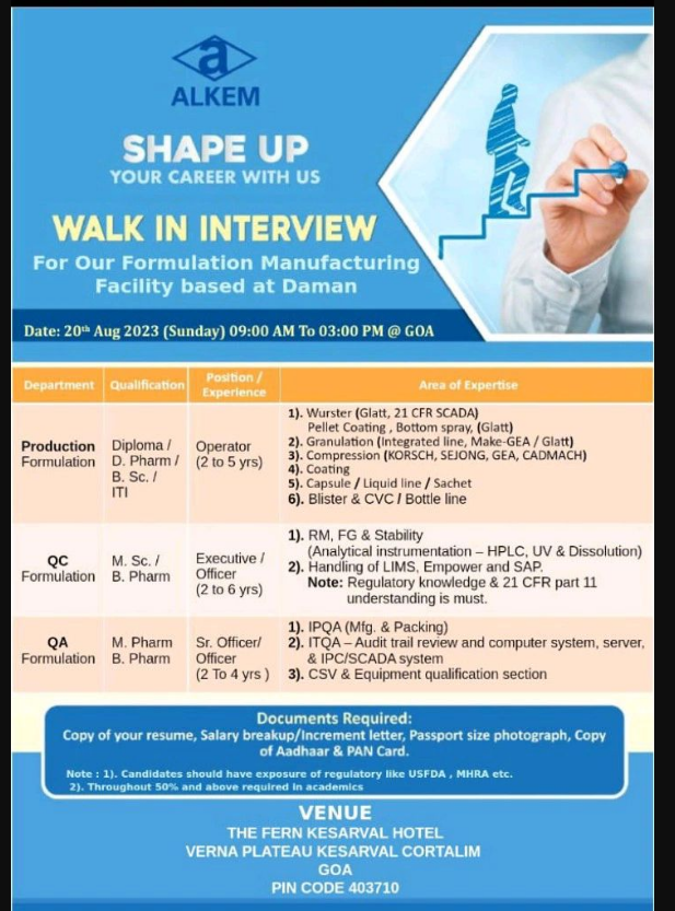 ALKEM Walk-in Interview: Exciting Opportunities at Formulation Manufacturing Facility in Daman