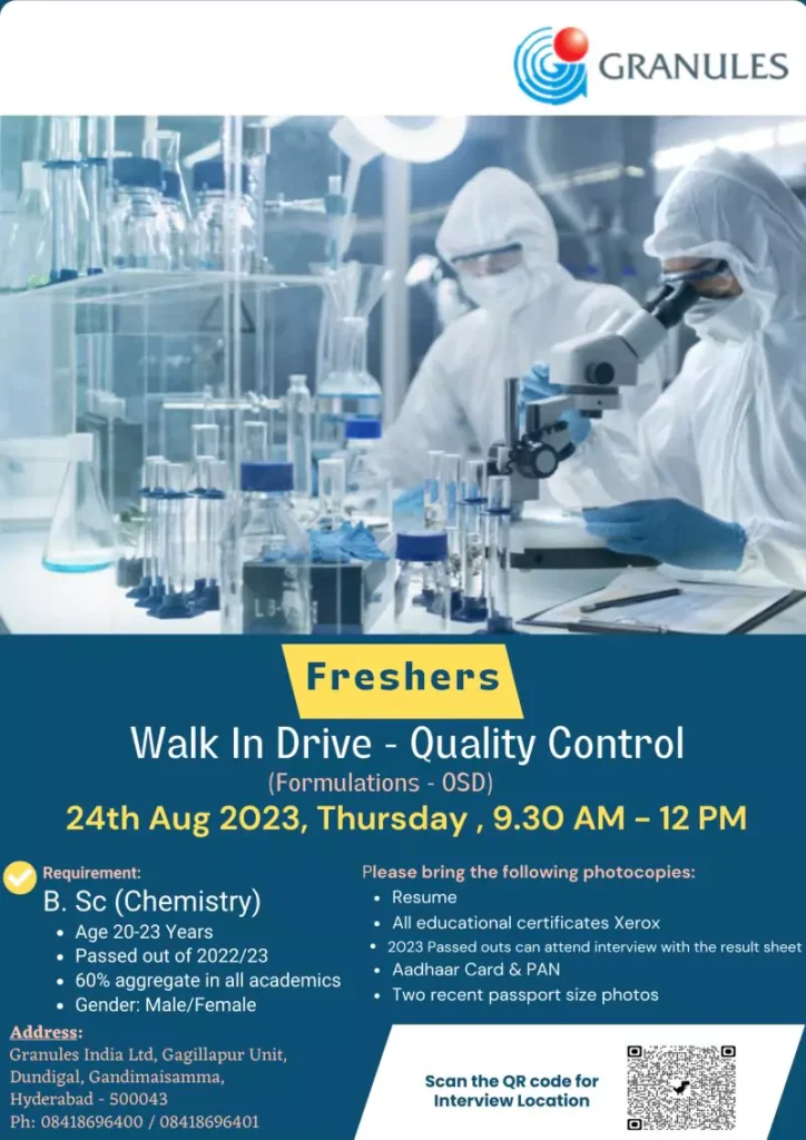 Granules Walk-In Drive for Freshers in Quality Control!
