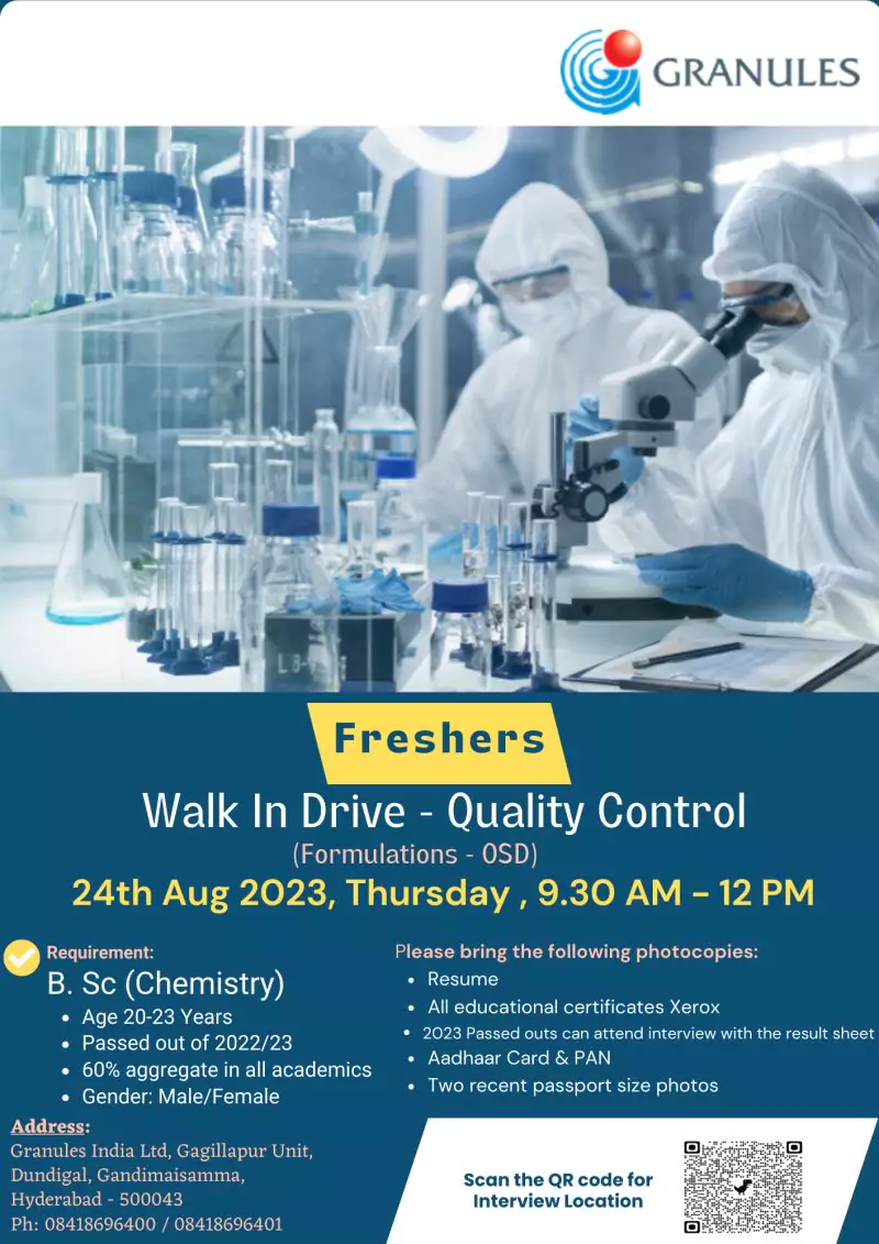 Granules Walk-In Drive for Freshers in Quality Control!